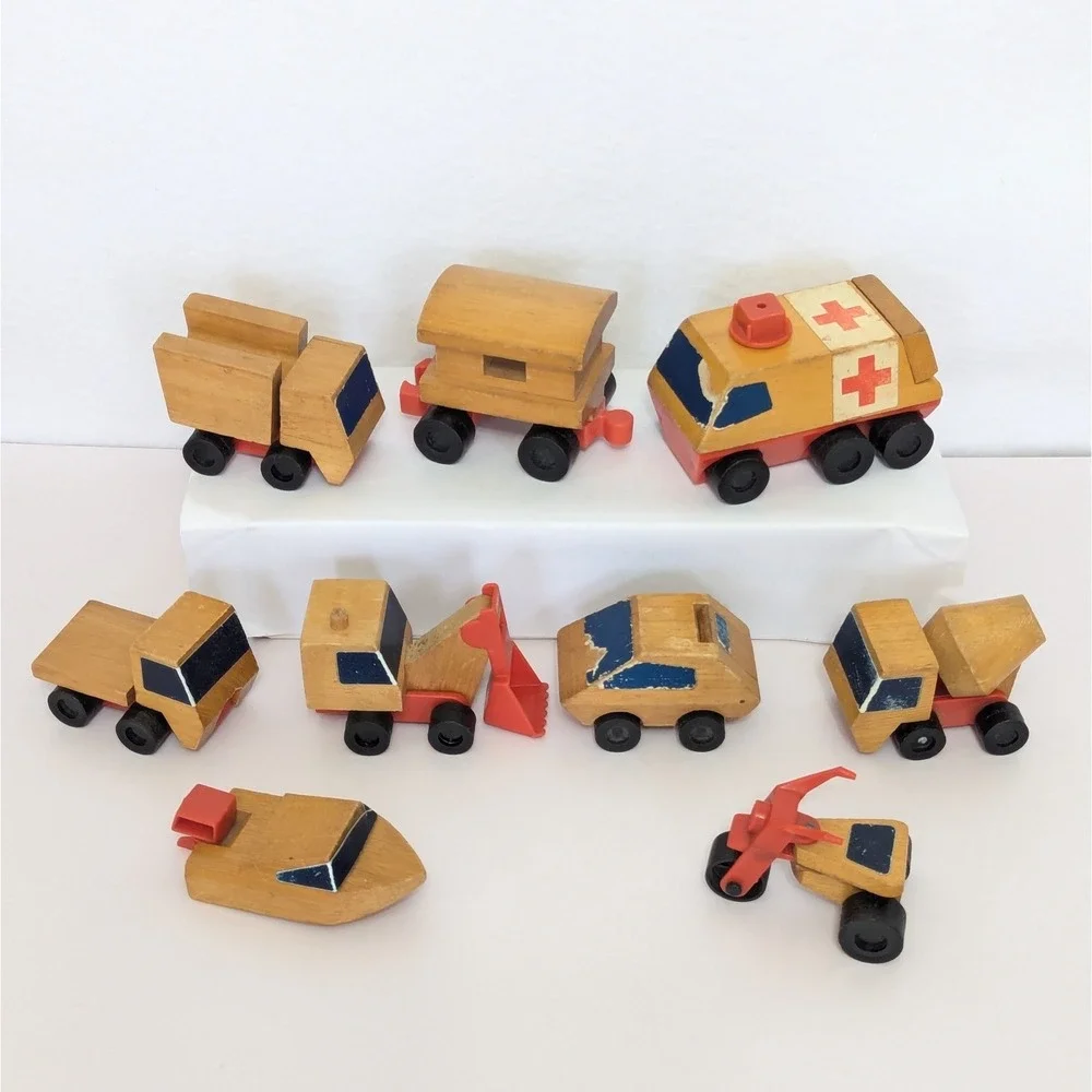 Vtg Lot of 9 Mattel Putt-putt Wood Toy Vehicles Truck Ambulance Boat Car Train